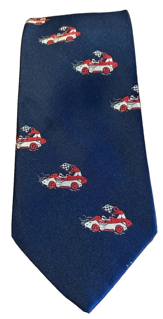 1950s Mens Tie 4” Navy Graphic Silk Blend Race Car Flag Speedway INDY 500 Driver